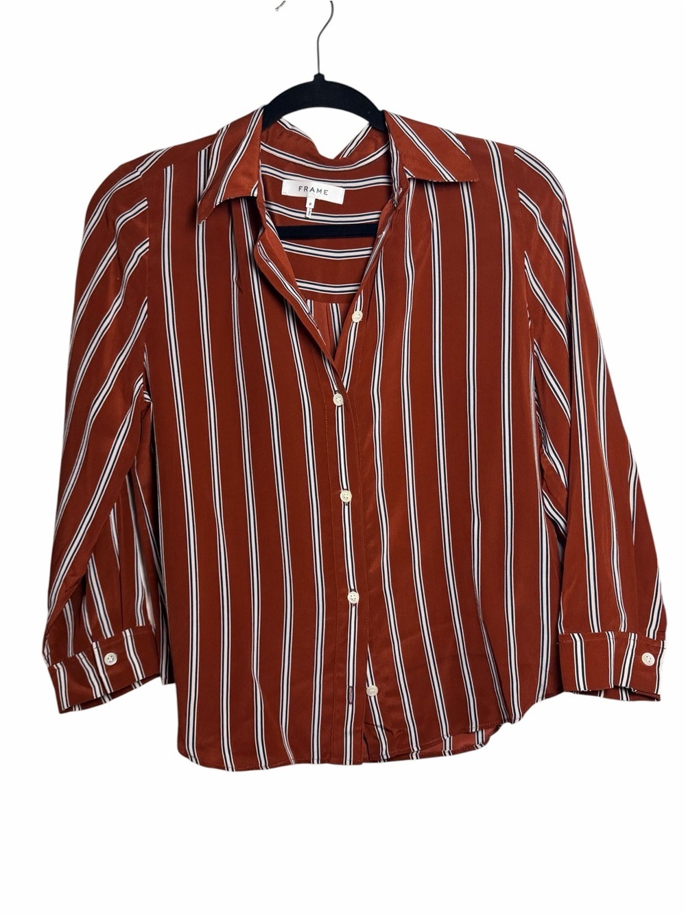 FRAME Rust Red Striped Button-Up Shirt with Navy & White Trim